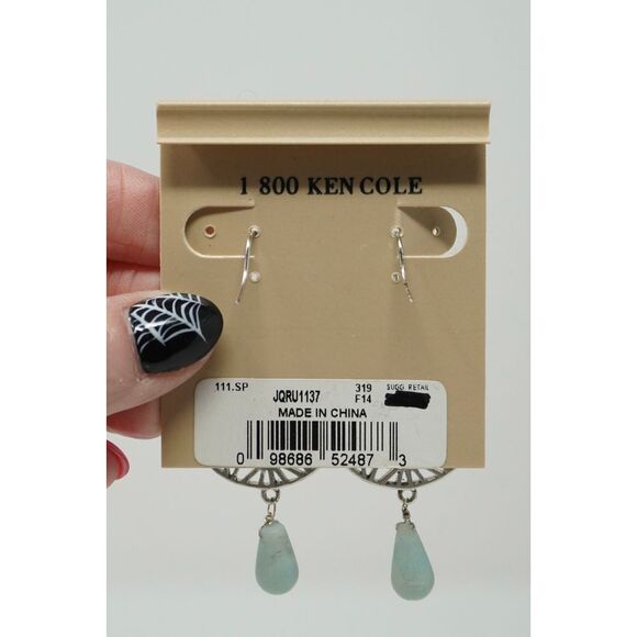 Kenneth Cole Semi-Precious Dangle Earrings New on Placard Silver Tone Blue Stone - Picture 3 of 3